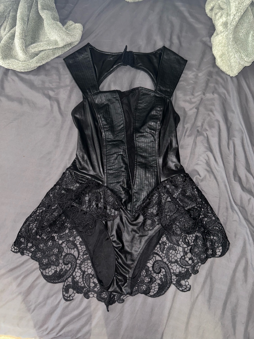 Spencer's Black Lace & Faux Leather Bodysuit Chemise